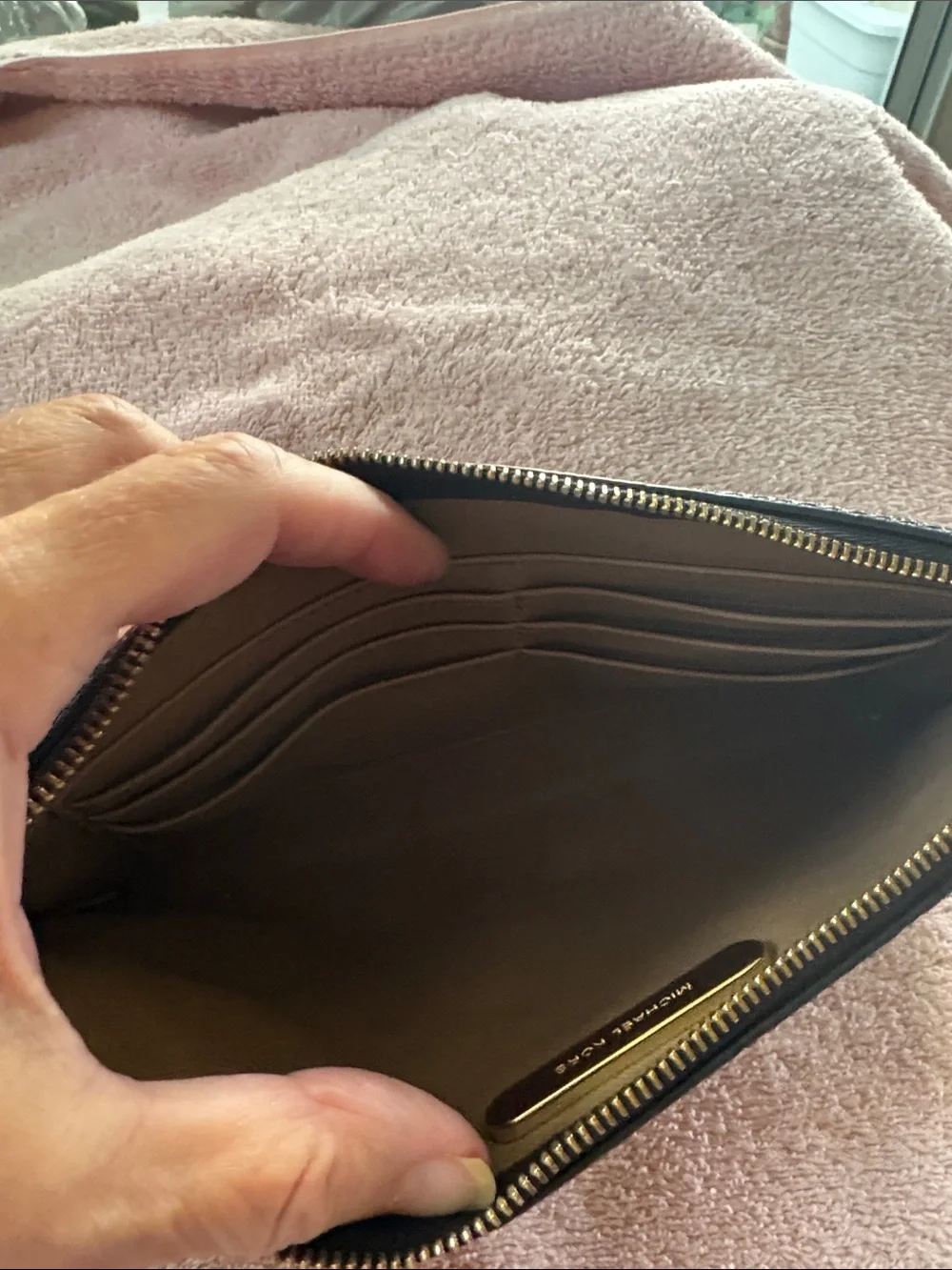 Michael Kors Black Pebbled Leather Wristlet with Gold Logo